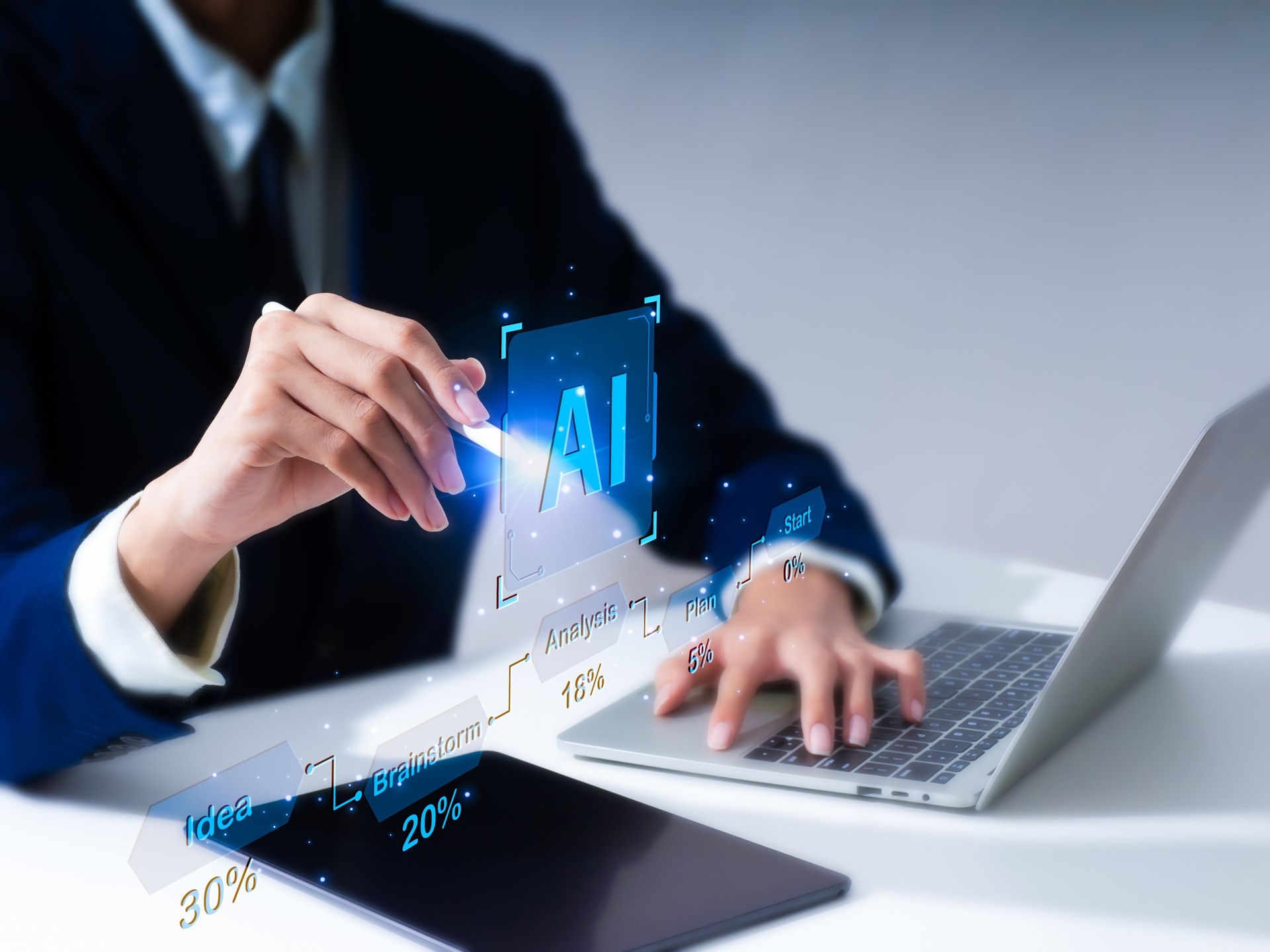 AI learning and business artificial intelligence, as well as modern technology, the internet, and network concepts. The man mentions AI in relation to virtual reality.